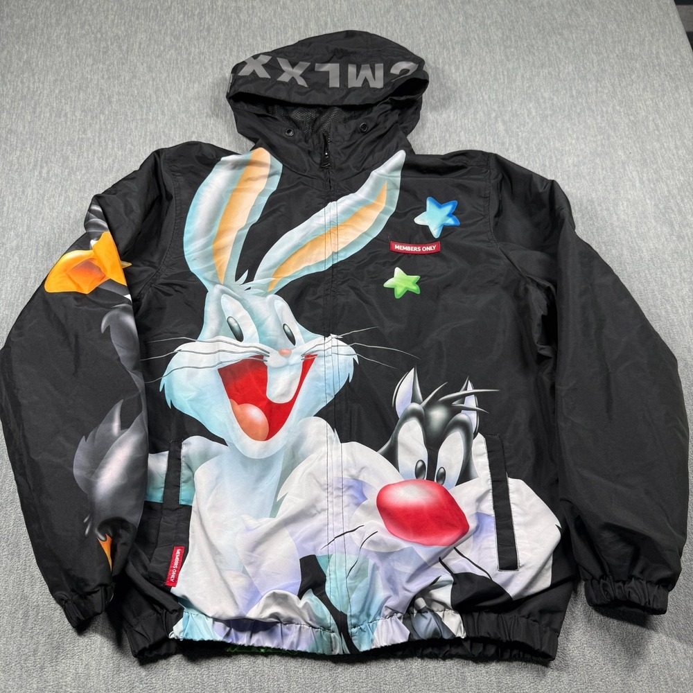 Members Only Jacket Mens L Black Looney Tunes Bugs Bunny Windbreaker MW090401
